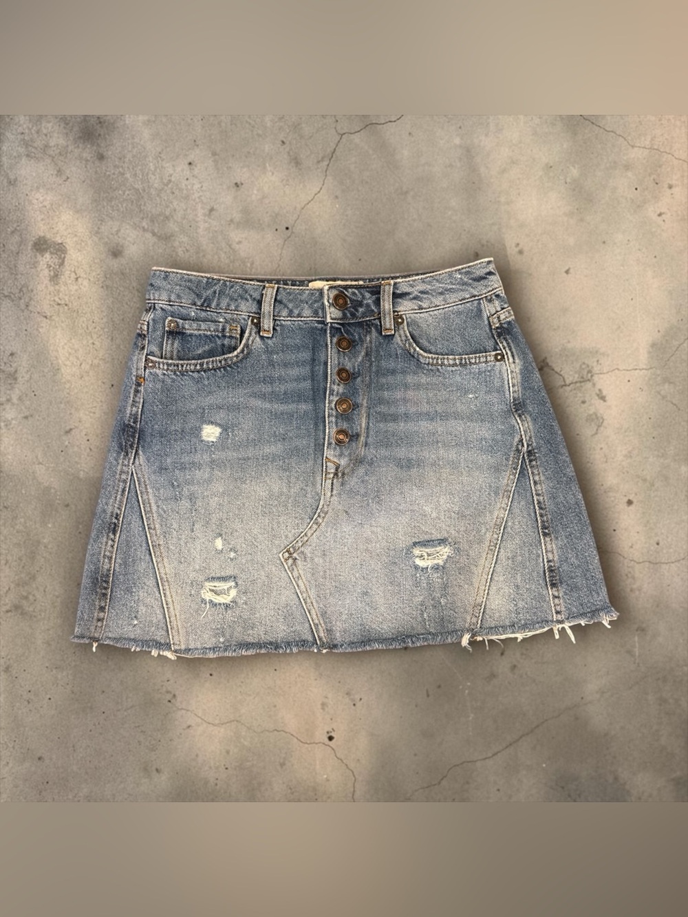 We The Free Light Blue Distressed Button-Front Denim Mini Skirt